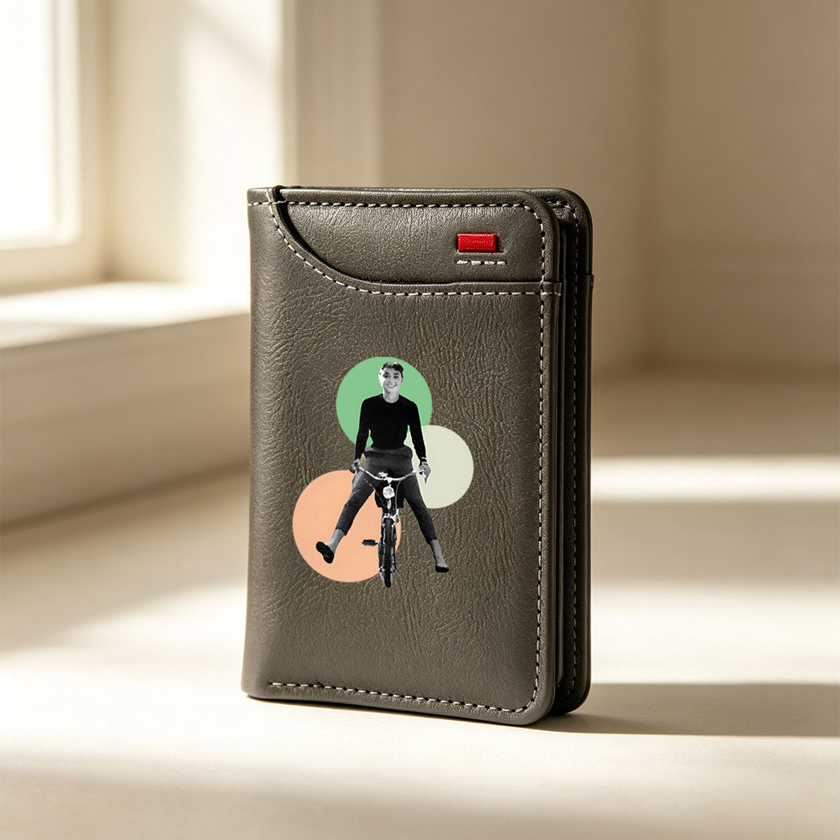 Woman Riding Bicycle with Colorful Circles Background - Vertical Style Wallet