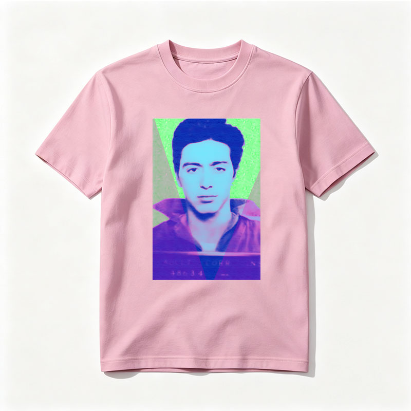 A stylized portrait of a man with vibrant, colorful lighting and geometric overlays. - Tee