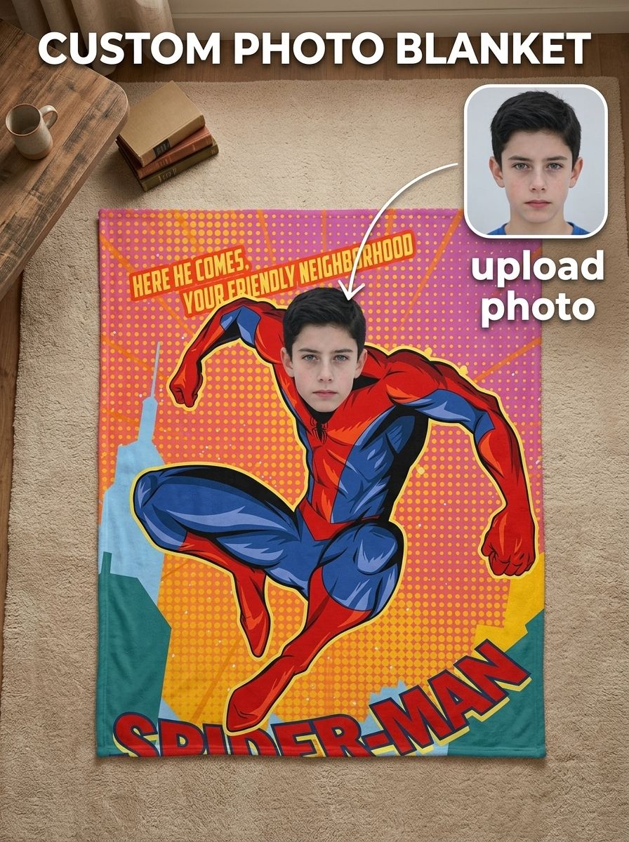 Custom Face Superhero Comic Flannel Blanket Personalized Photo Throw for Kids Boys Room Decor Soft Warm Gift