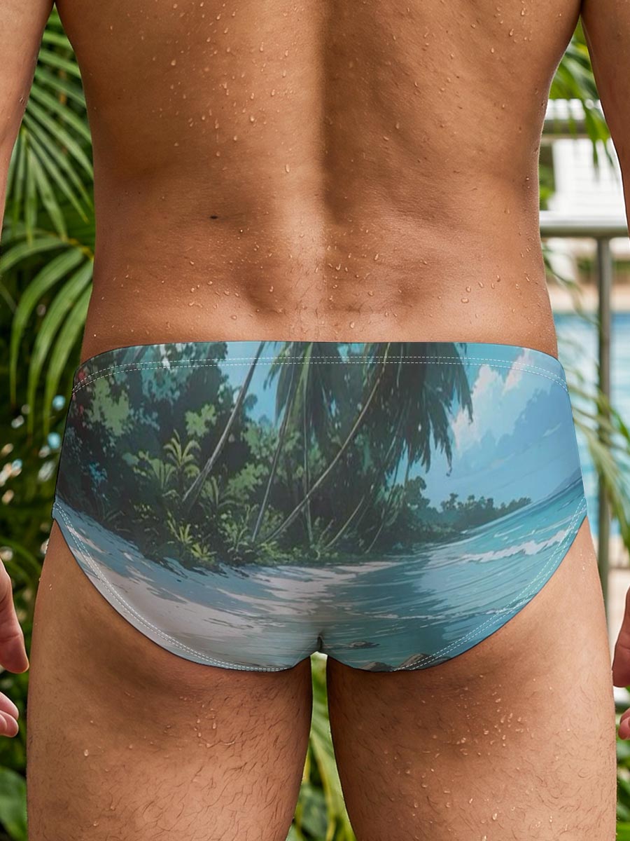Serene Tropical Beach with Palm Trees and Crystal Clear Water -  Men's swim trunks