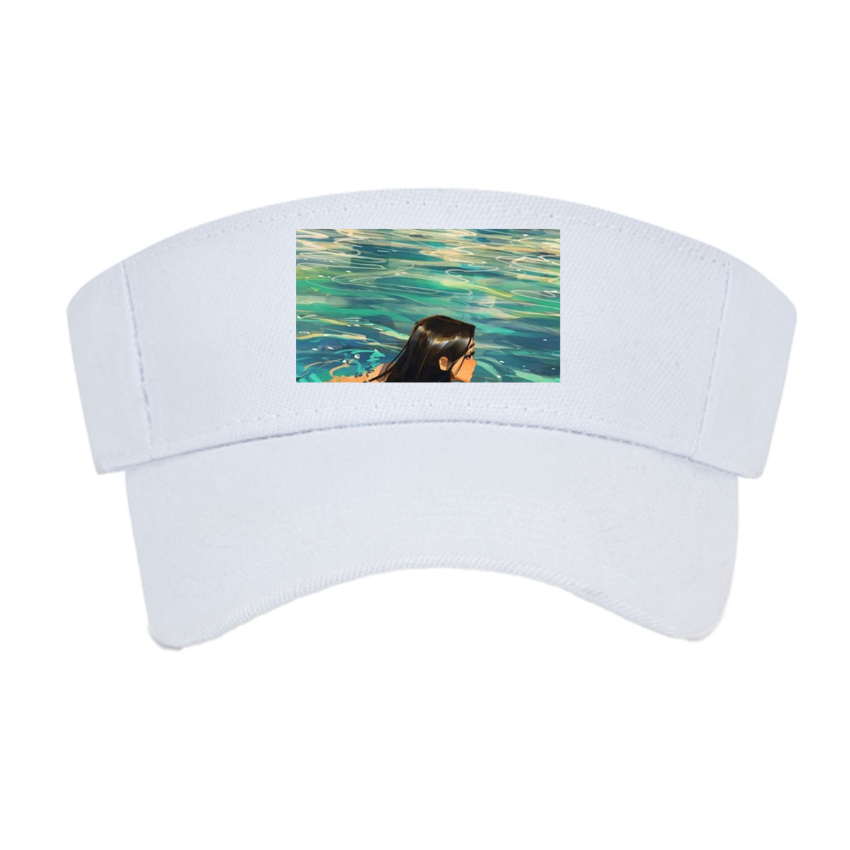 Woman swimming in clear blue water near rocky shore -  Visor cap