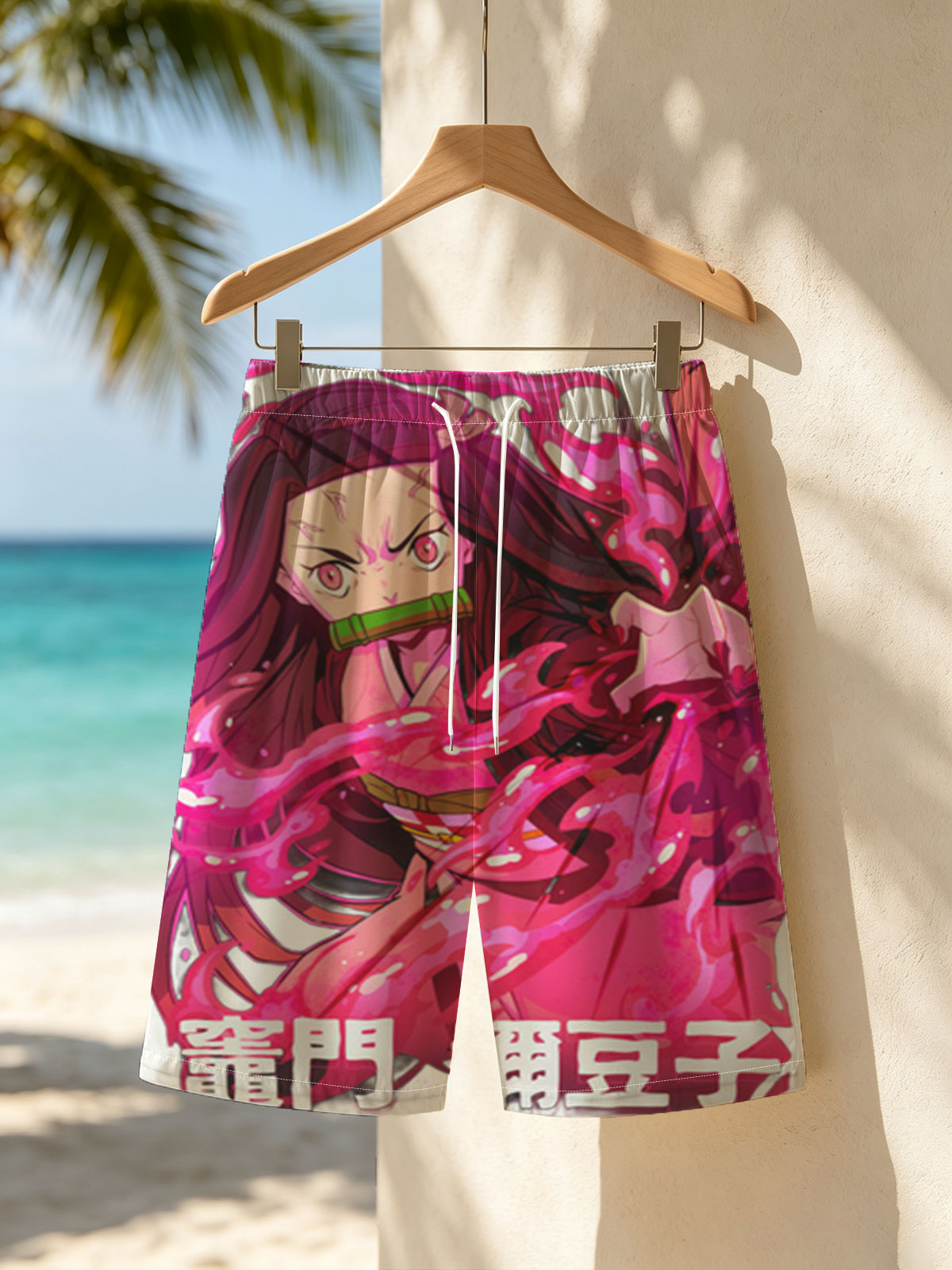 Nezuko Kamado from Demon Slayer: Kimetsu no Yaiba, depicted with intense pink flames and a fierce expression, showcasing her transformation. -  Beach shorts