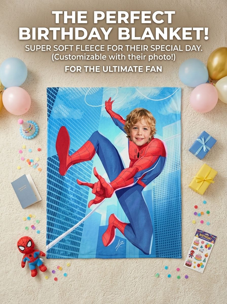 Personalized Superhero Photo Flannel Throw Blanket Custom Face Cozy Plush Bed Fleece for Kids Boys Girls Birthday Gift
