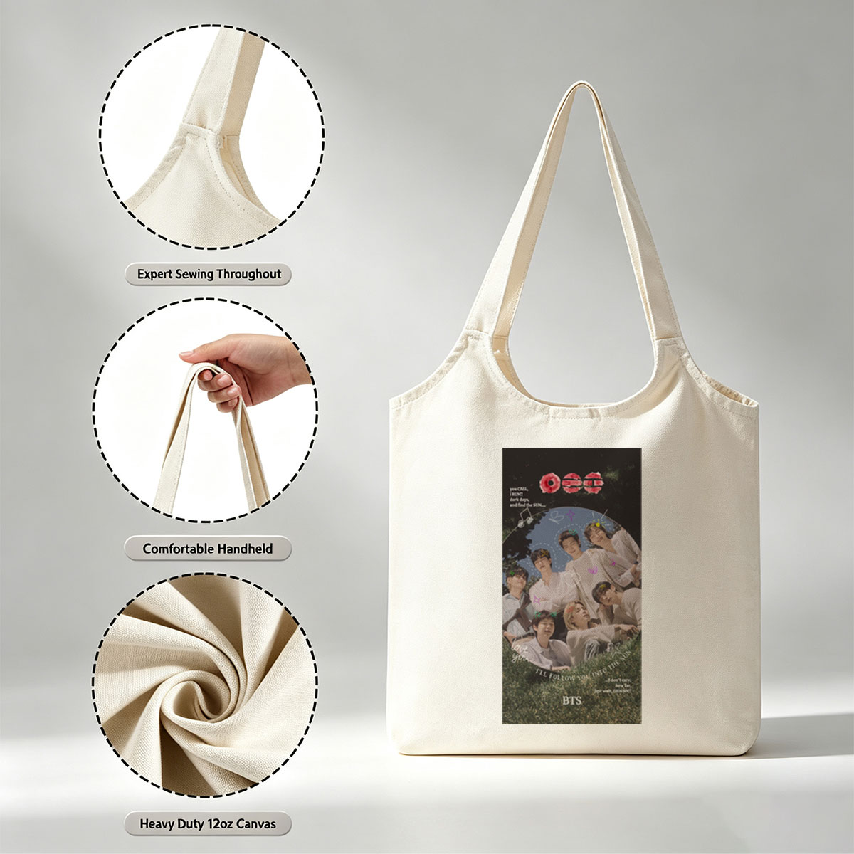 BTS Group Photo on Grass with Dreamy Sky Background and Inspirational Quotes - Canvas shoulder bags/