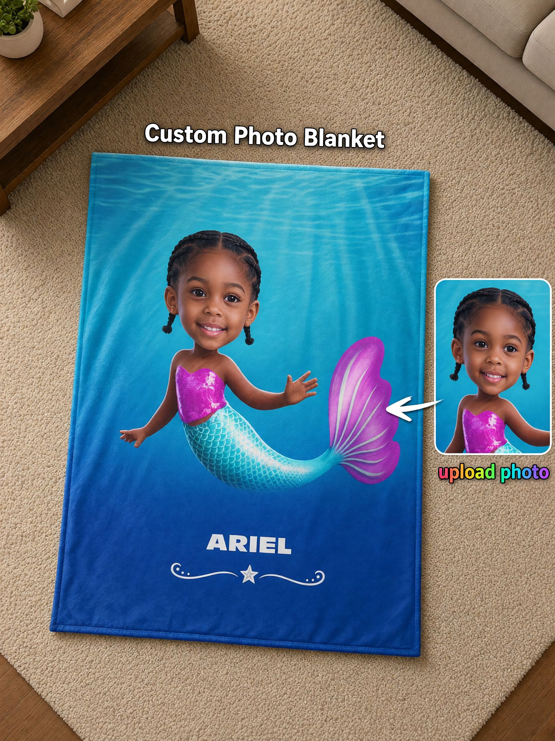Custom Face Mermaid Blanket Personalized Photo Flannel Fleece Throw, Ideal Cozy Gift for Kids and Toddlers