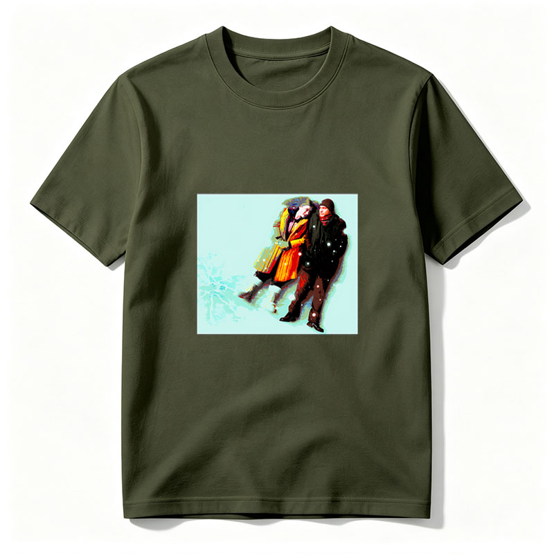 Couple in Winter Coats Walking in Snowy Scene - Tee