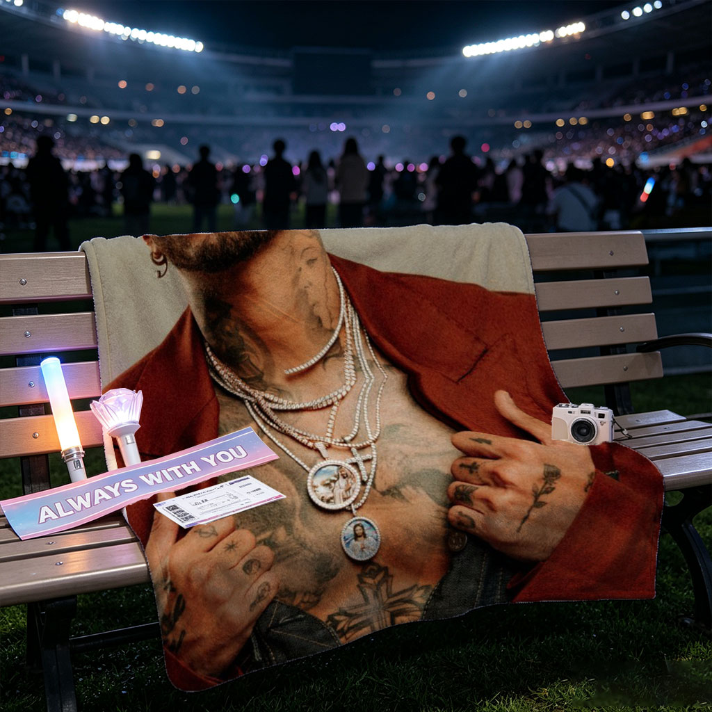 Rauw Alejandro Pose with Tattooed Chest and Multiple Necklaces in Red Blazer - Blankets