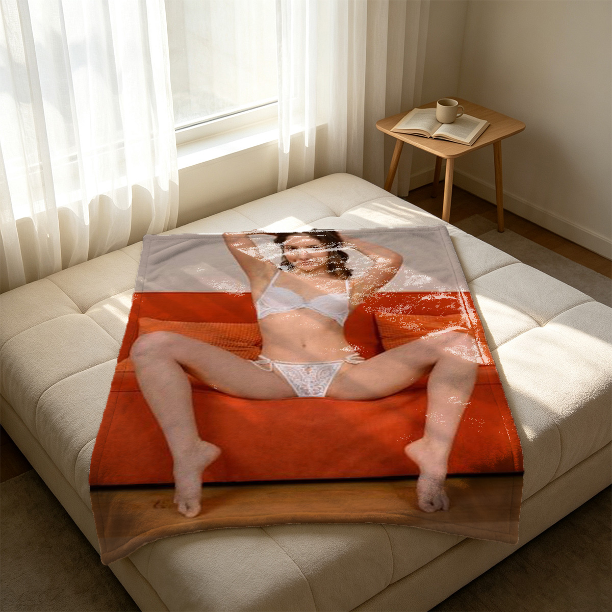 Emily Ratajkowski in white lace lingerie with pearl garter on orange couch - Blanket