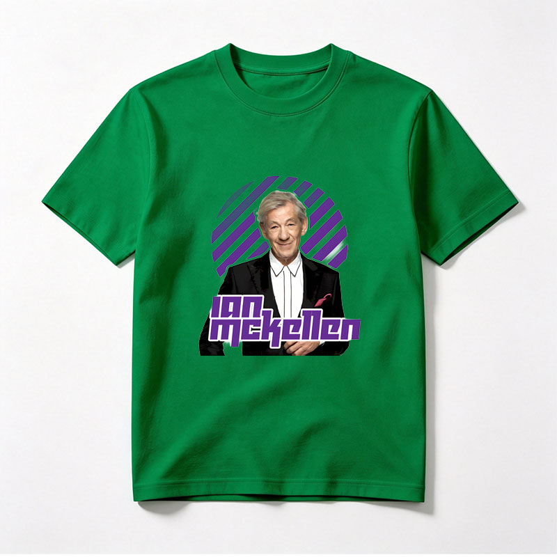 Ian McKellen in a formal suit with a purple and black striped background - Tee