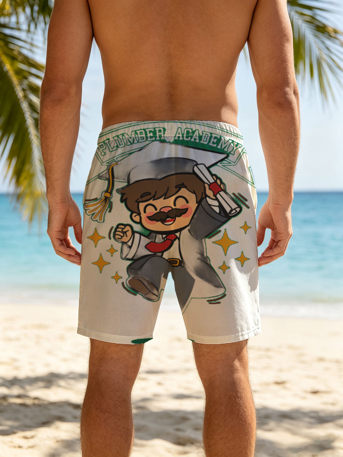 Plumber Academy Graduate Celebrates with Diploma -  Beach shorts