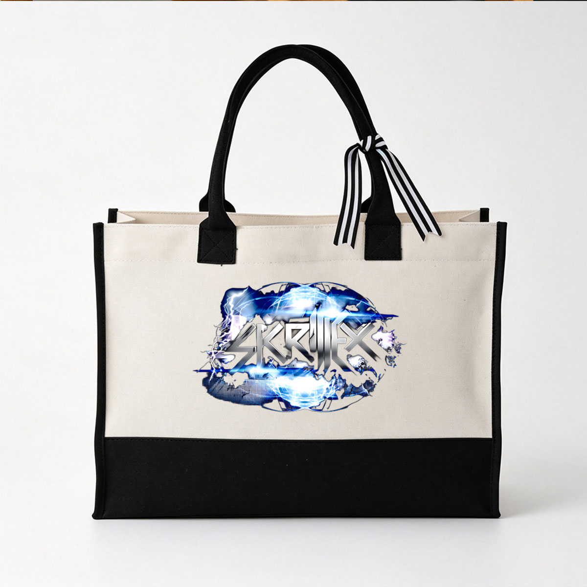 Skrillex Electric Logo with Lightning and Blue Energy Effects - Canvas patchwork gift tote bag
