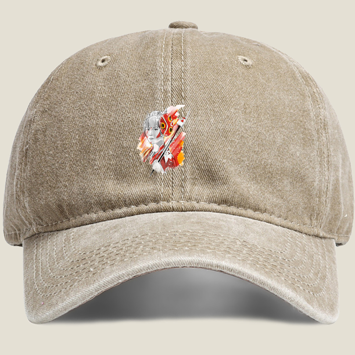 Samurai Girl with Red Mask and Spear - Washed Denim - Baseball Cap