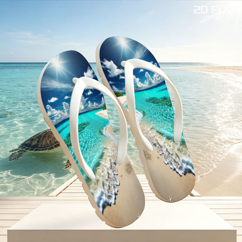 Crystal Clear Waters Meet Sandy Shore Under Bright Sunlight -  flip-flops