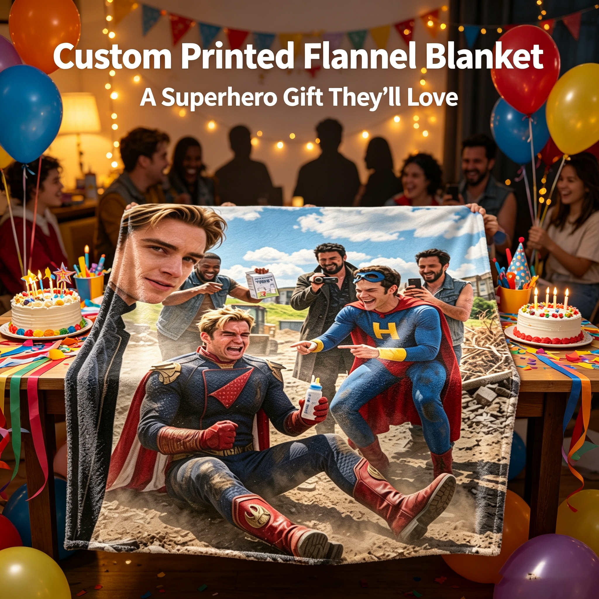 Custom Face Blanket The Boys Superhero Group Scene Flannel Blanket Perfect for Fans of Action Movies and Pop Culture Ideal as a Cozy Gift or Fun Giveaway