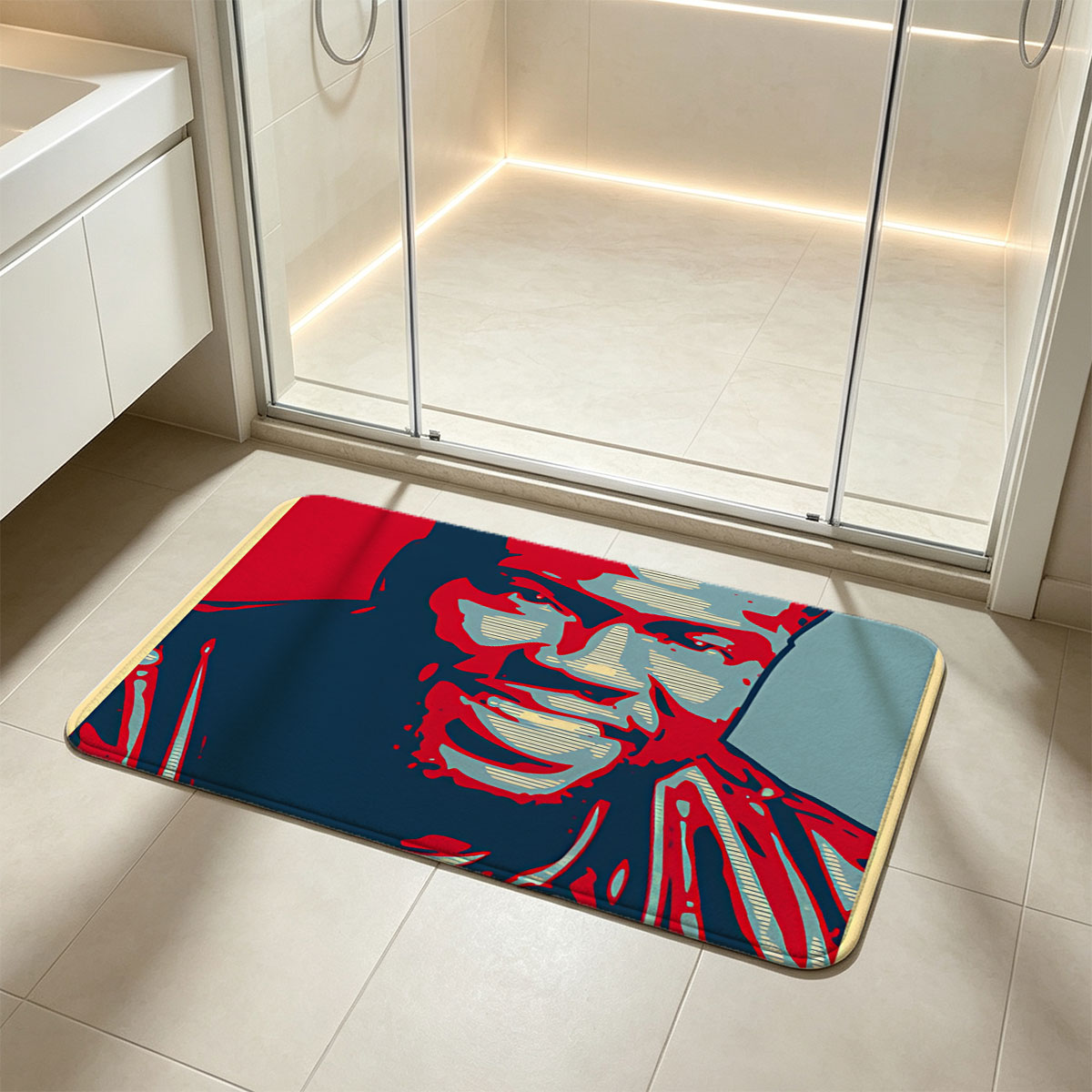 Kevin: A Bold Portrait in Red, Blue, and Gray - Flannel floor mat
