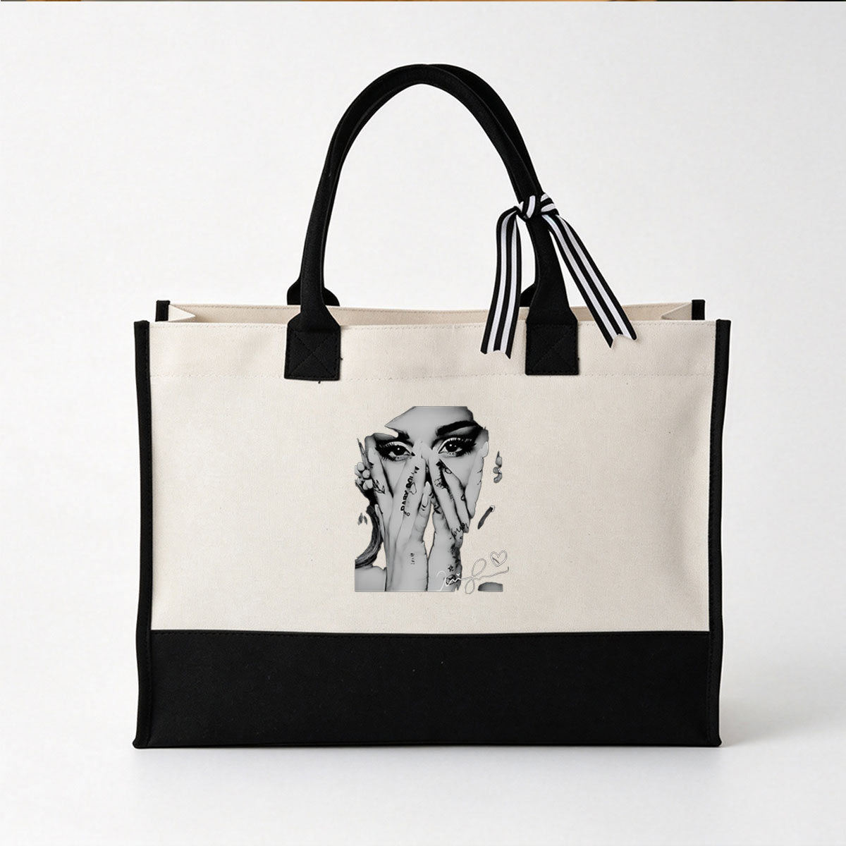 Lady Gaga: Artistic Black and White Portrait with Hand Tattoos and Signature - Canvas patchwork gift tote bag