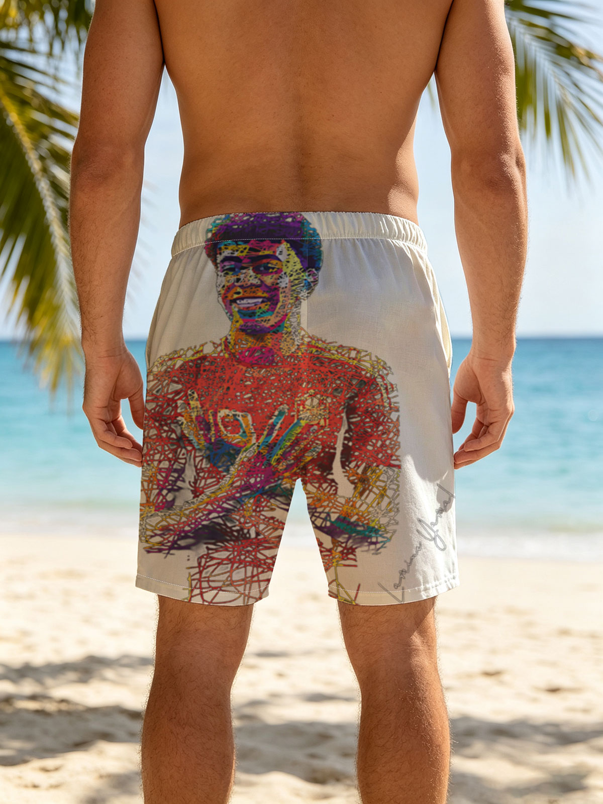 Lamine Yamal, vibrant line art portrait of the footballer in a red jersey with number 19, arms crossed, against a black background. -  Beach shorts