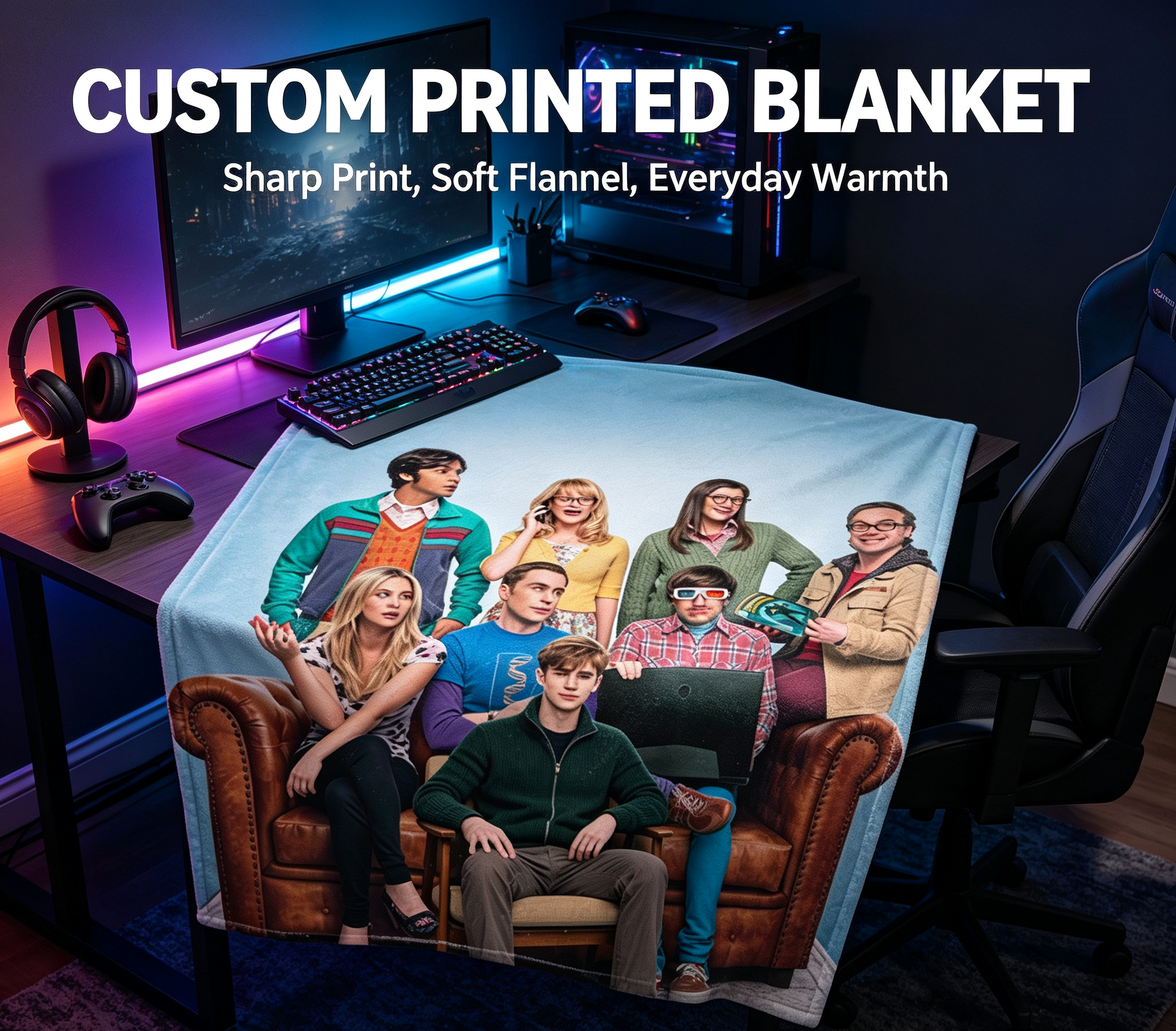 Custom Face Blanket The Big Bang Theory Characters Flannel Blanket Cozy Living Room Gift for Fans and TV Show Lovers