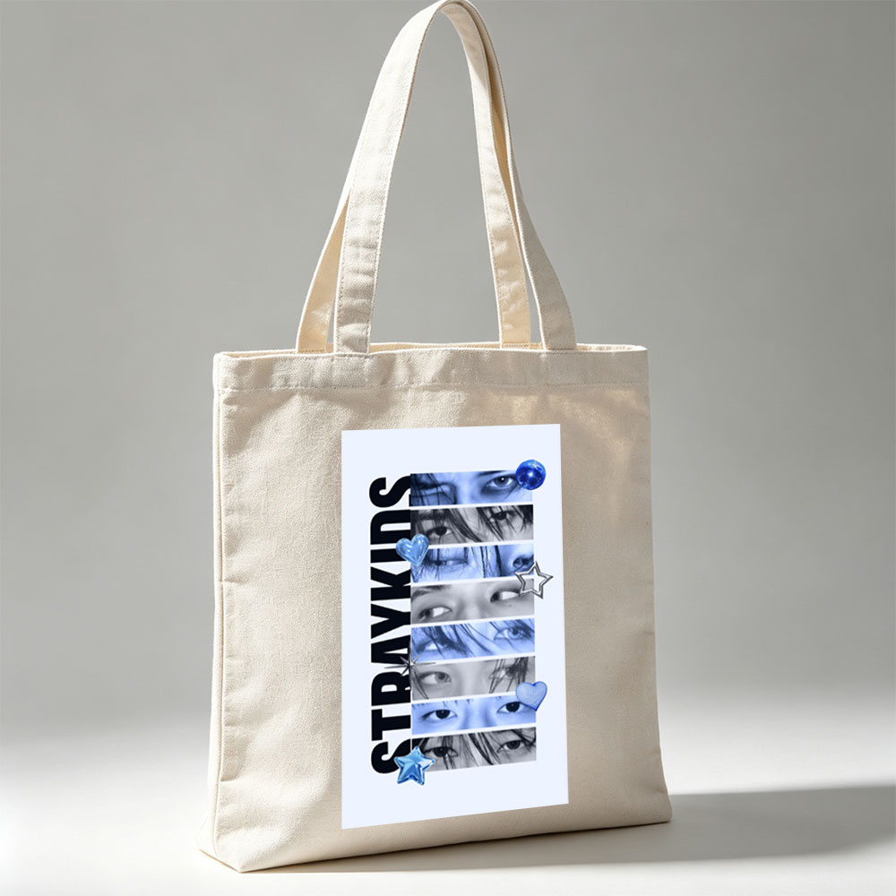Stray Kids Eyes Close-Up Blue Toned Portrait with Stars and Hearts - Canvas tote bags