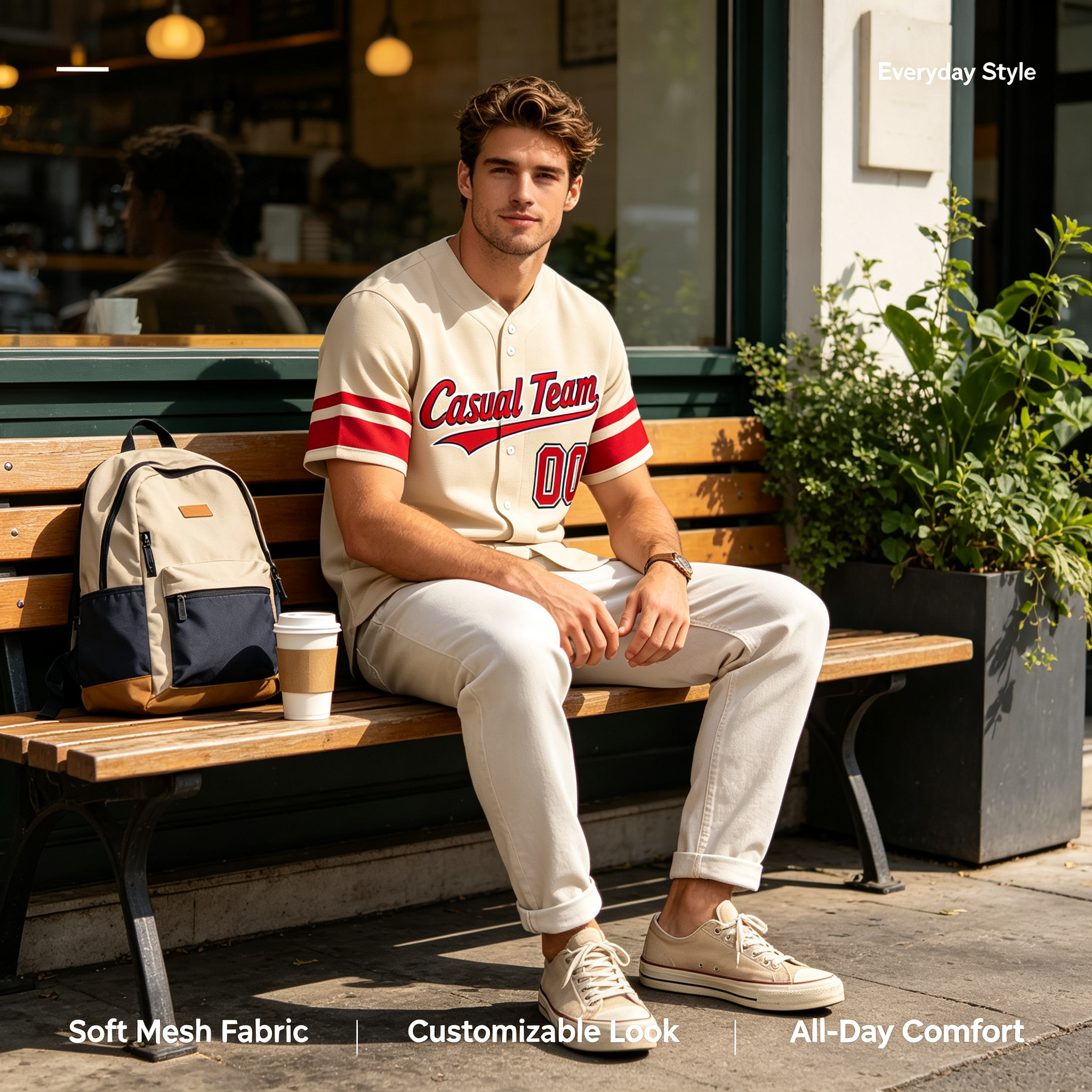Custom Printed California Retro Beach Style Baseball Jersey Cream Off White Red Button Down Shirt for Men and Women