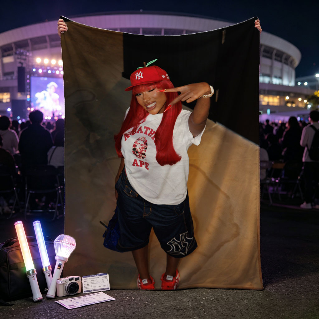 Nicki Minaj in a Red Apple Hat and A Bathing Ape Shirt, Striking a Pose with a Peace Sign - Blankets