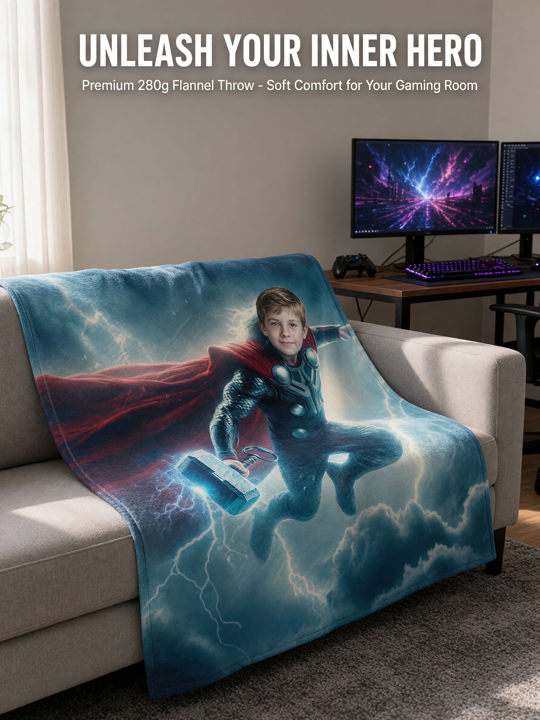 Personalized Superhero Face Photo Blanket, Custom Flannel Fleece Throw, Ideal Cozy Gift for Kids and Family