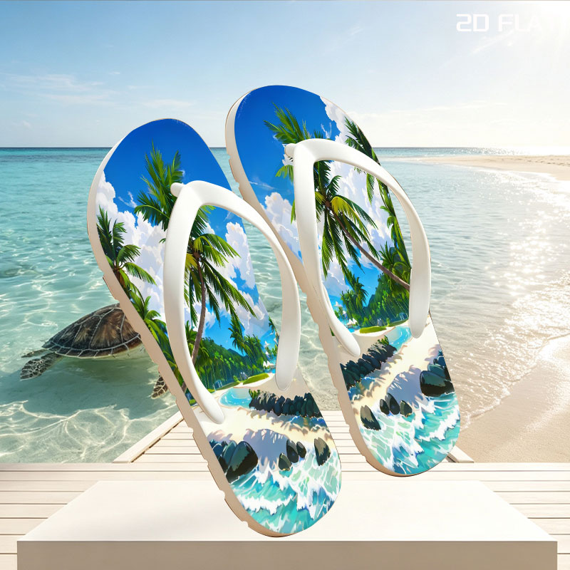 Tropical Beach with Palm Trees and Clear Blue Water -  flip-flops