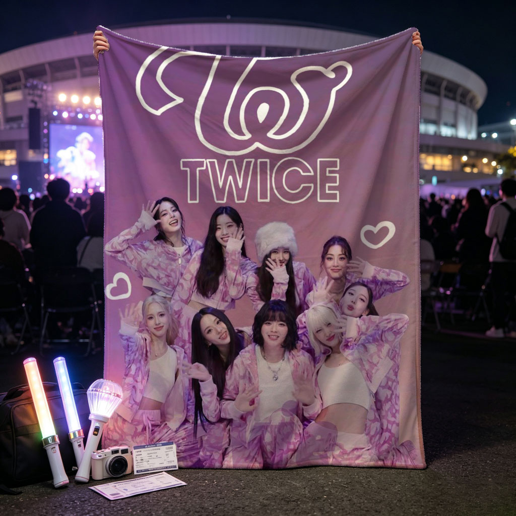 TWICE Group Photo in Pink Patterned Outfits with Heart Emojis and Logo Background - Blankets