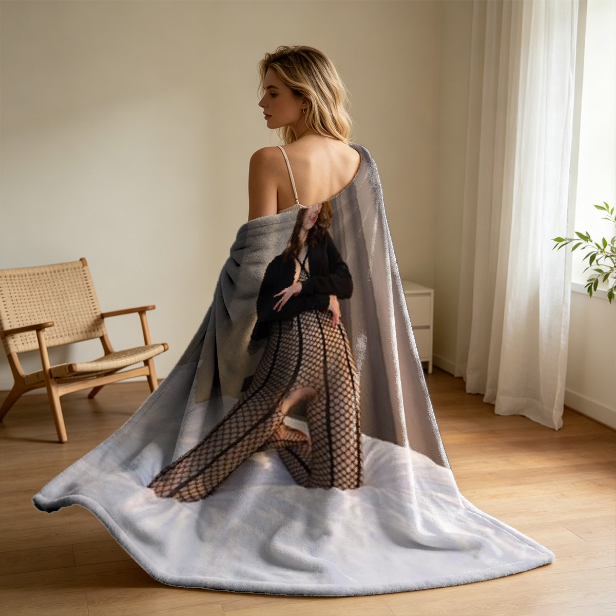 Met Gala model in black lace lingerie posing on couch - Blanket