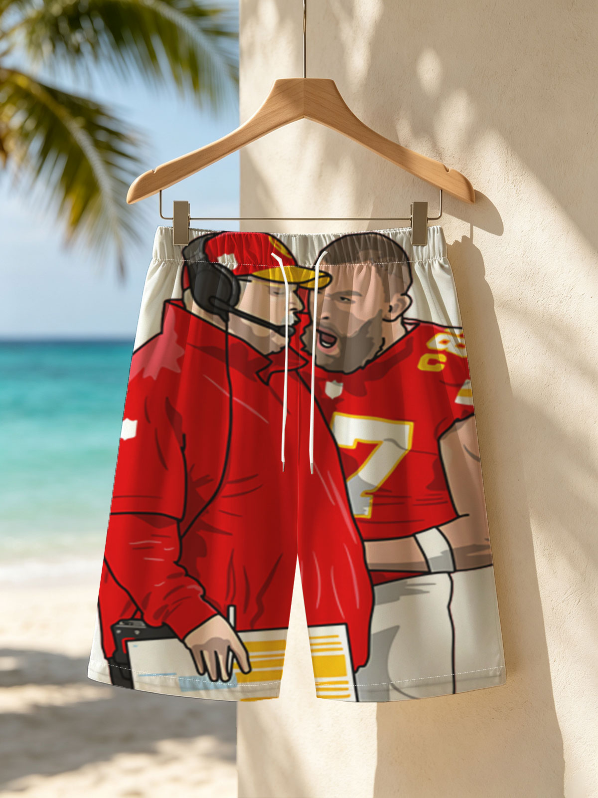Andy Reid and Patrick Mahomes in Kansas City Chiefs Uniforms -  Beach shorts