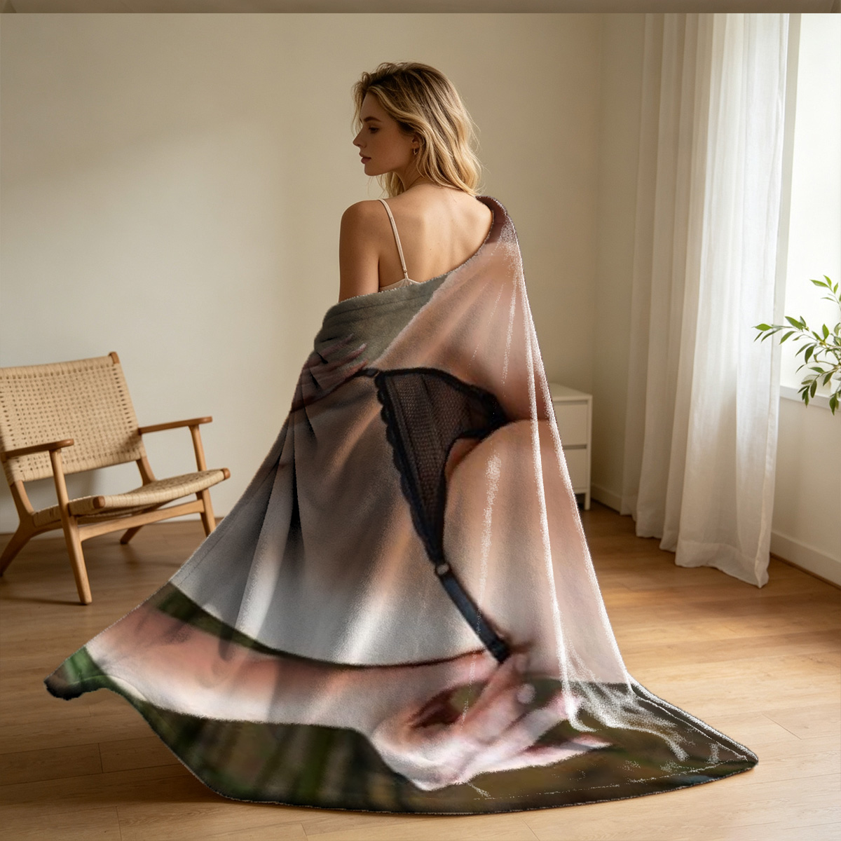 Nude Asian beauty kneeling on pillow, pulling black sheer lingerie over breasts in luxury hotel room. - Blanket