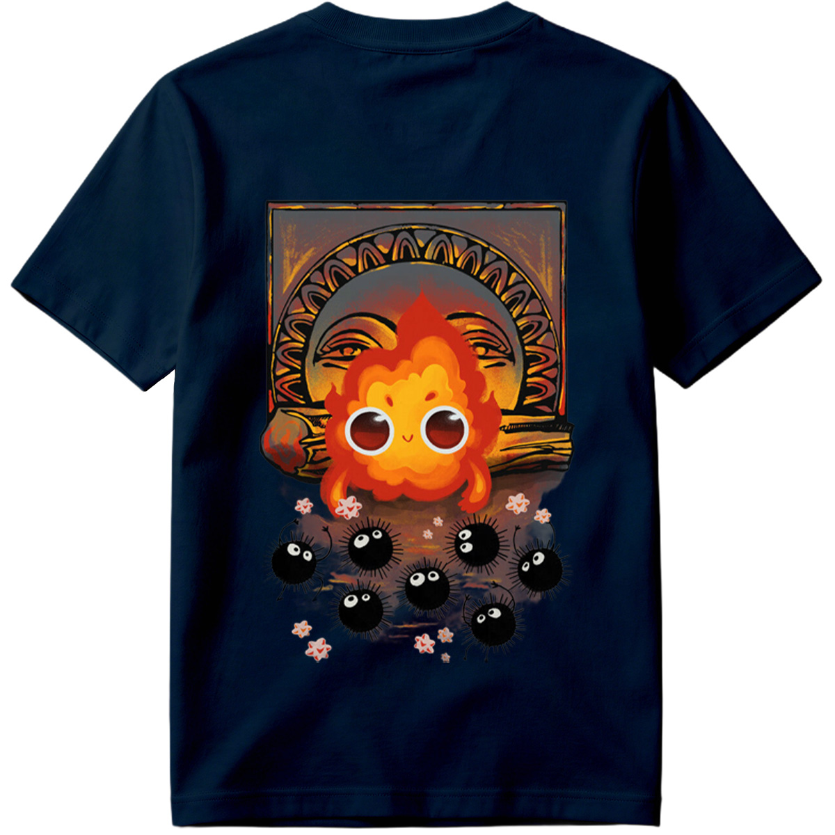 Cute Flame Character with Black Spiky Creatures and Ancient Mask Background - Tee