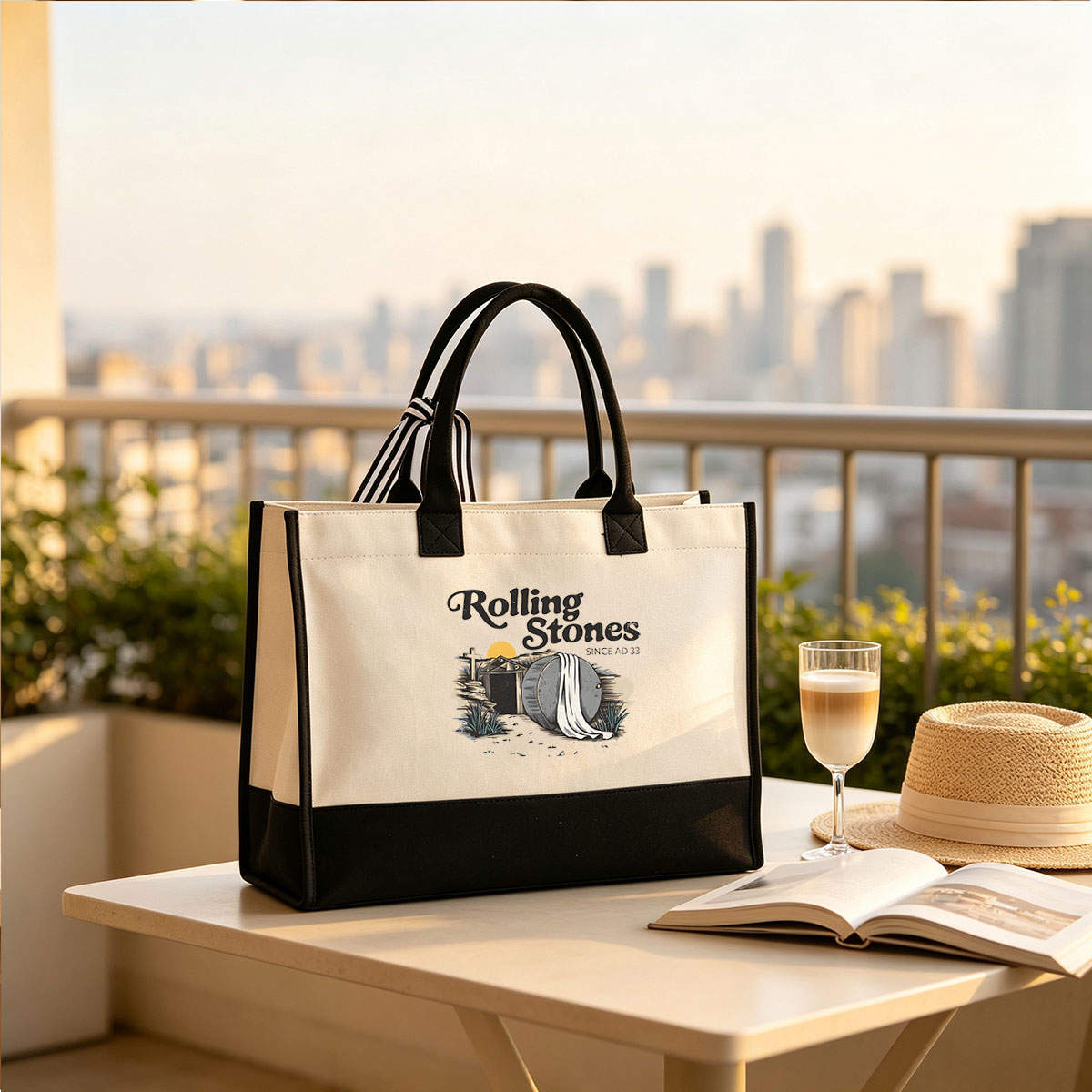 Rolling Stones: Tombstone with Rolled Stone and Cross, Since AD 33 - Canvas patchwork gift tote bag