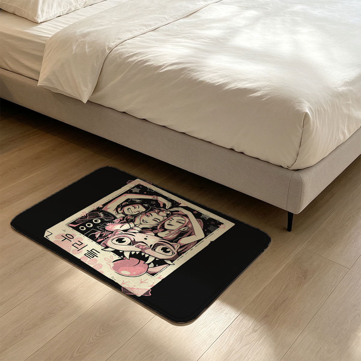Three Girls and a Cat in a Polaroid Frame - Flannel floor mat