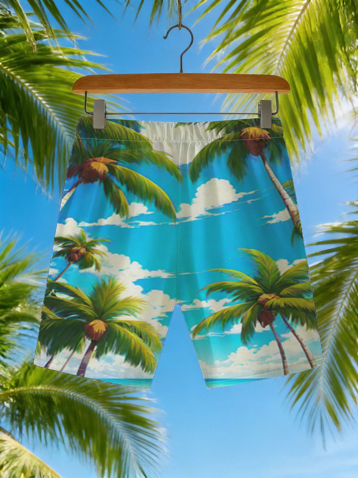 Tropical Beach with Palm Trees and Blue Sky -  Beach shorts