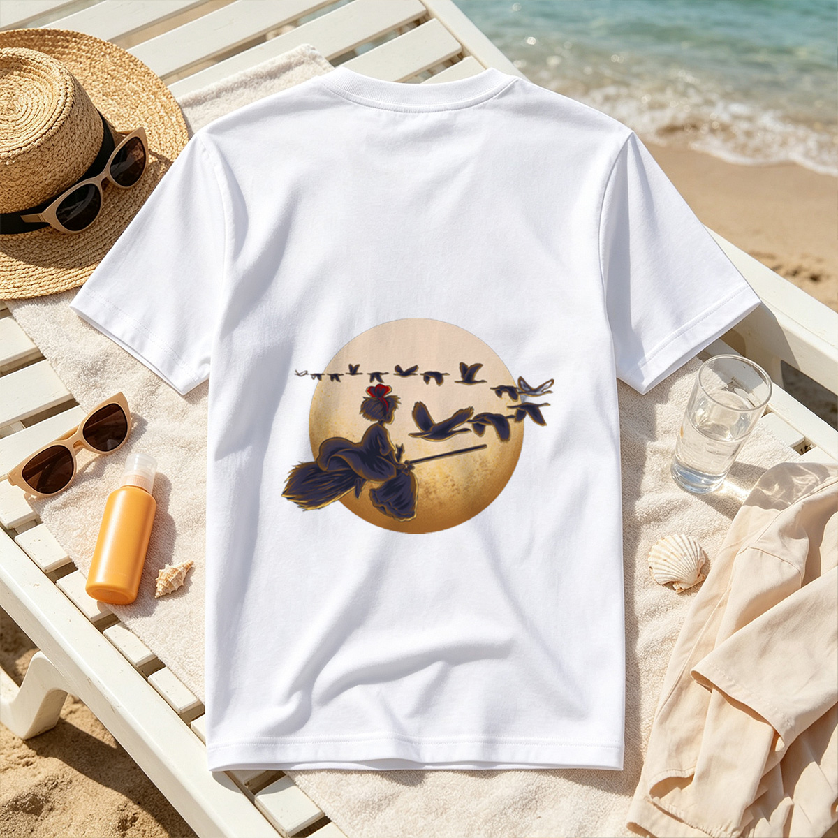 Mulan Flying on a Broomstick with Geese Against the Moon - Tee