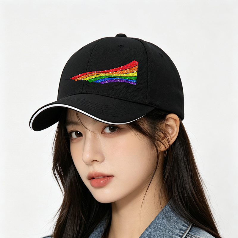 Unisex Classic Sandwich Hat with Glitter Rainbow Print Design | Lightweight Sun Protection Cap for Outdoor Activities, Beach, Travel, and Pride Events | Suitable for Adults Seeking Stylish and Comfortable Headwear
