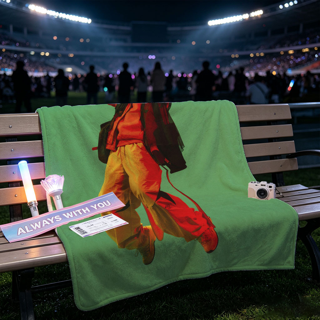 Troye Sivan in a vibrant red and yellow outfit mid-jump against a green background - Blankets