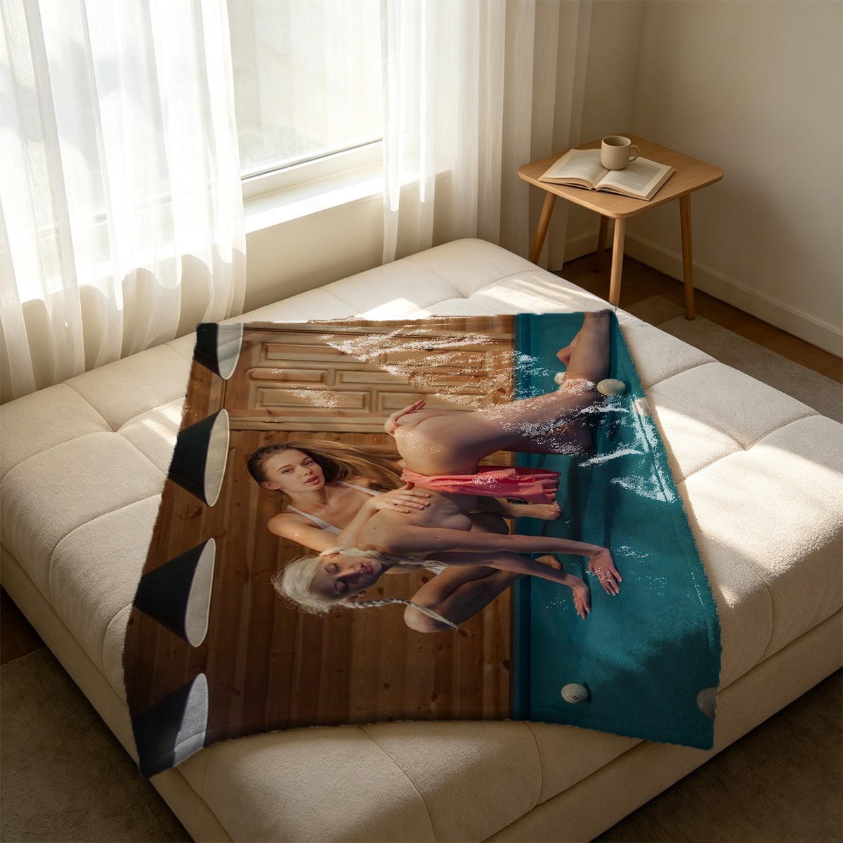 Two Chinese Beauties in Red and Nude Shibari Lingerie Kneeling on Bed - Blanket