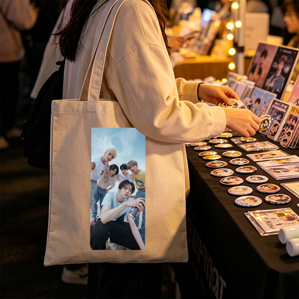 TXT Members in Casual Outfit Pose Outdoors with Cans and Expressive Gestures - Canvas tote bags