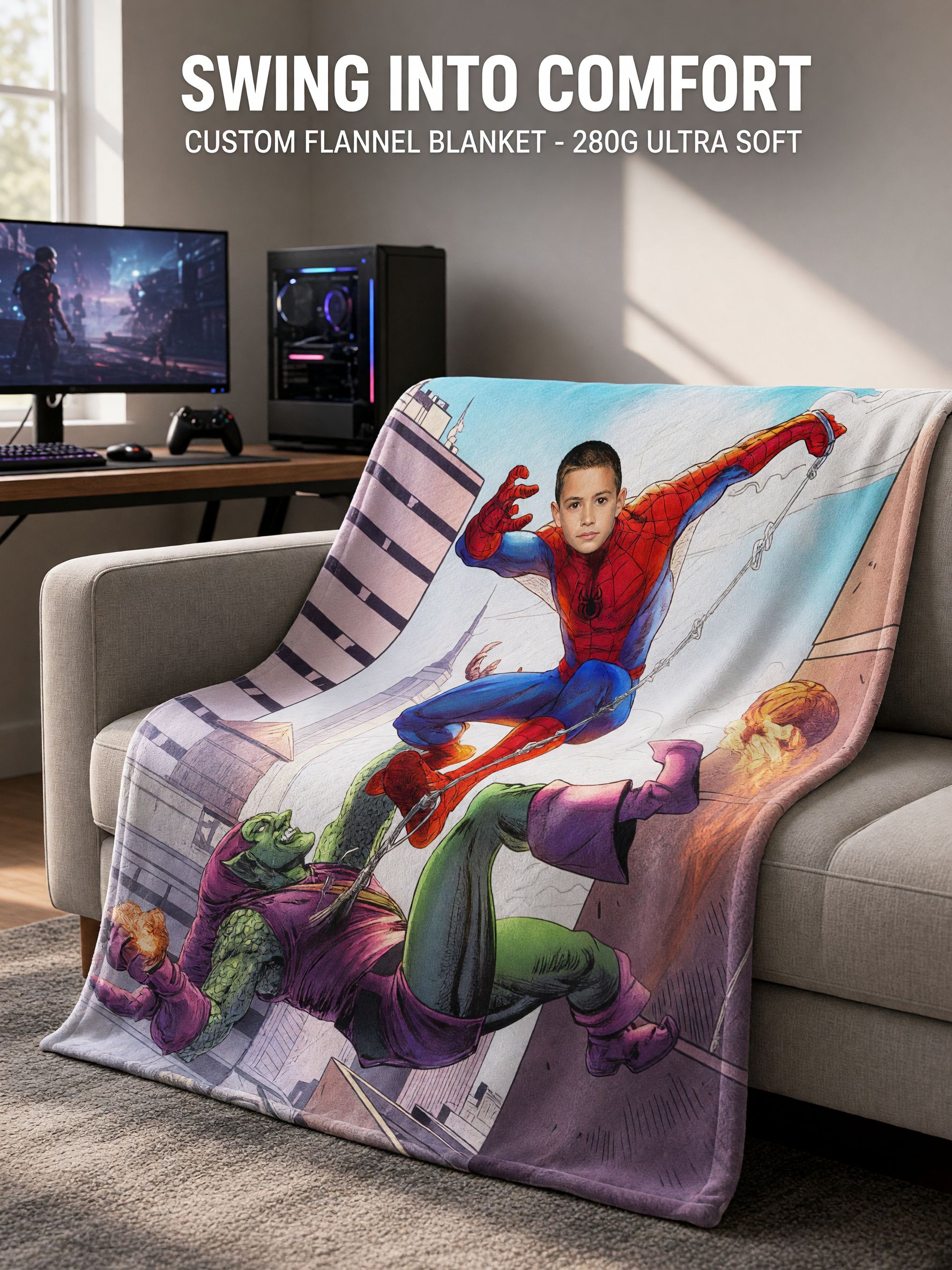 Custom Face Superhero Flannel Fleece Blanket, Personalized Comic Photo Bed Throw, Skin-Friendly Warm Keepsake Gift