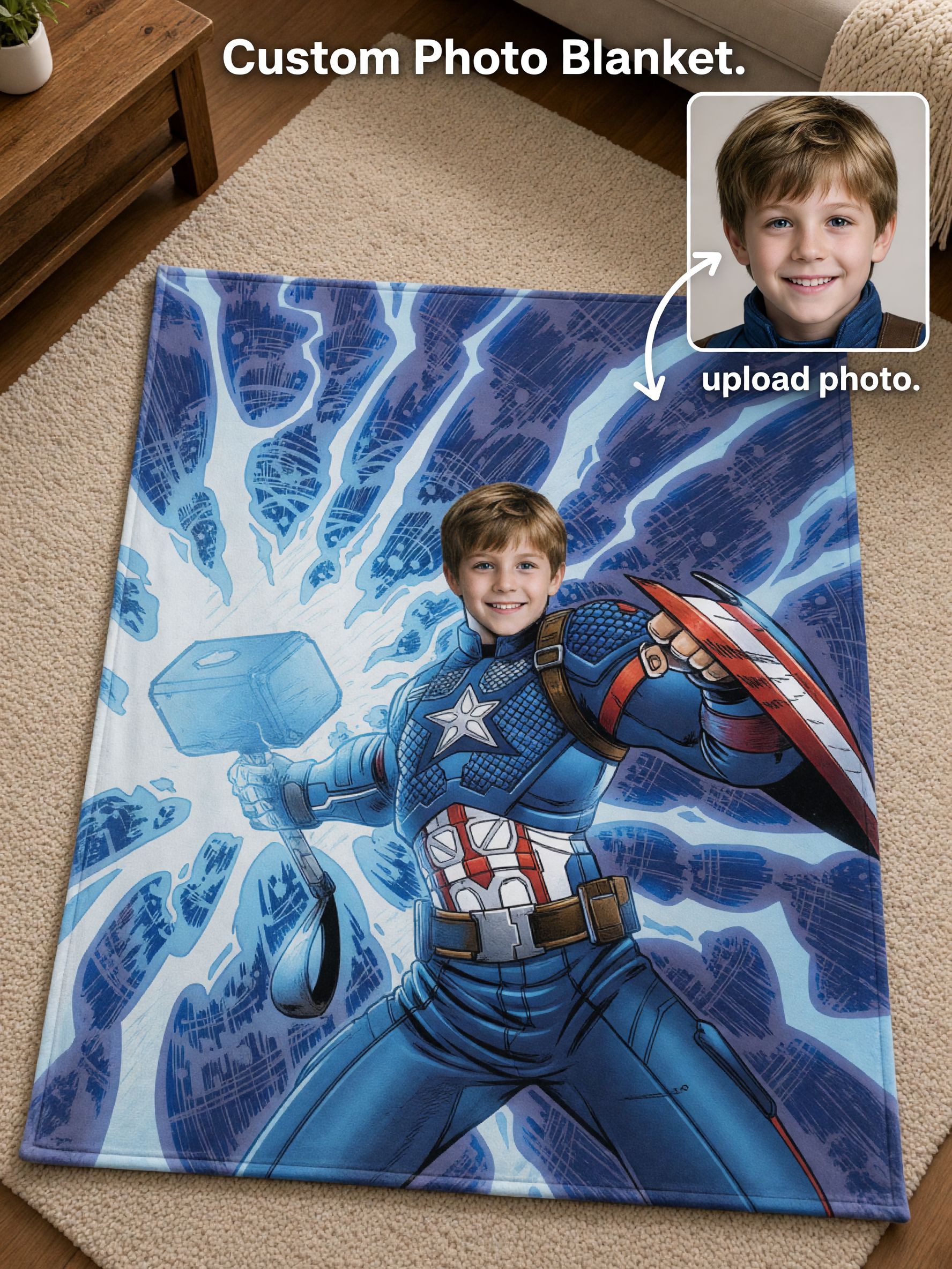 Custom Face Photo Superhero Blanket, Ultra Soft Flannel Comic Throw, Personalized Birthday Gift for Kids and Family
