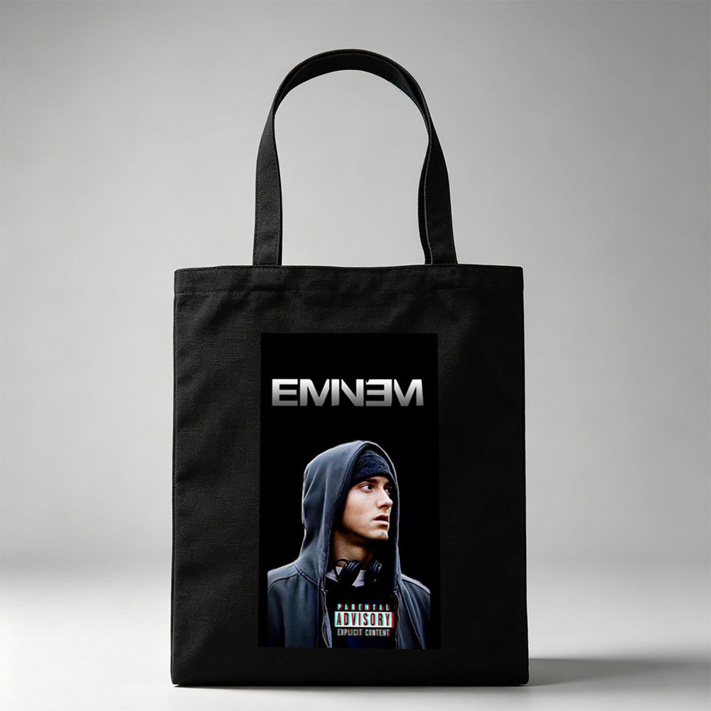 Eminem in Hoodie with Parental Advisory Label on Black Background - Canvas tote bags
