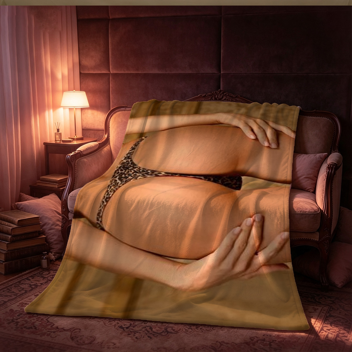 Nude Margot Robbie on Luxury Balcony Bed with Peacock Feathers - Blanket