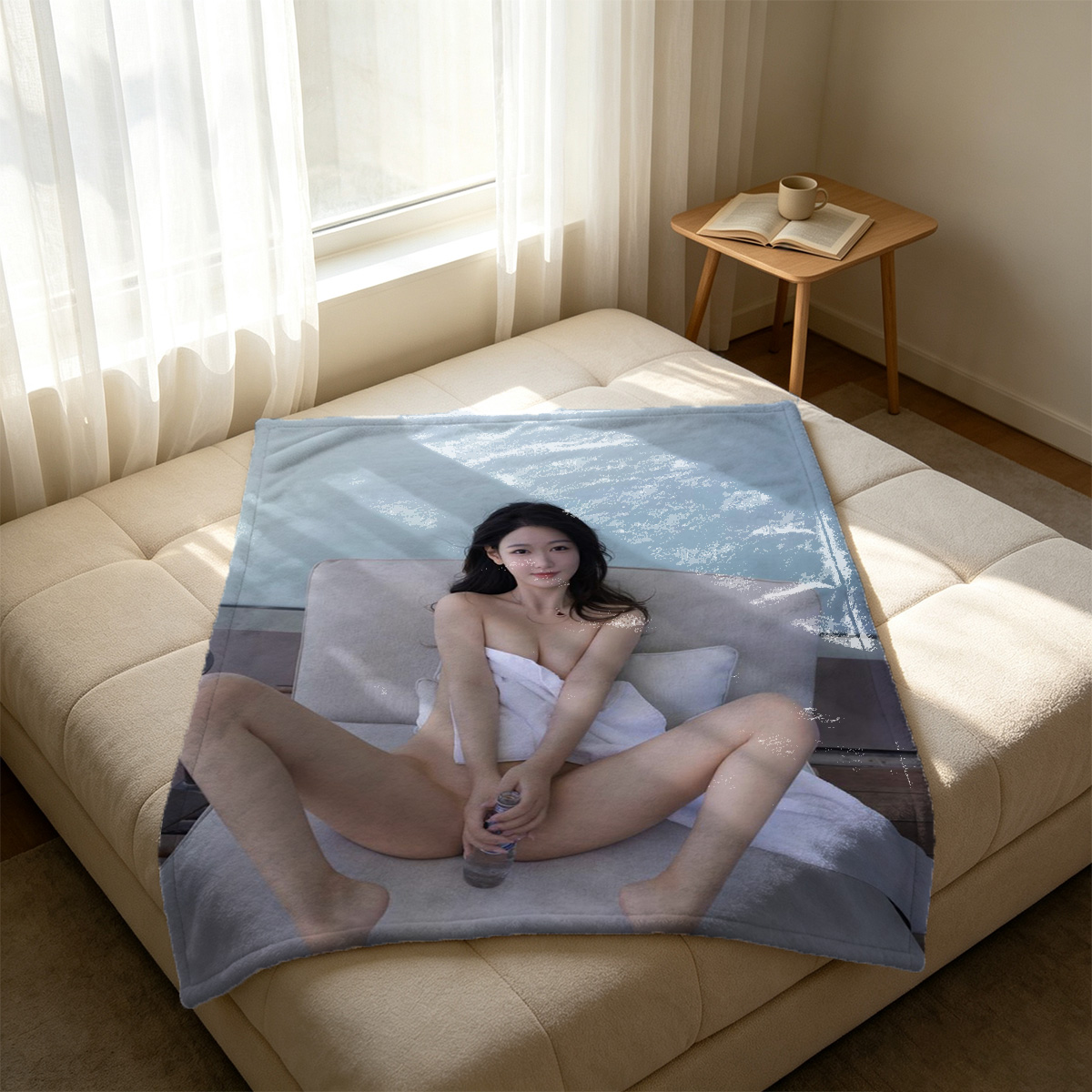 Blonde in Open Shirt and Tie Seduced by Nude Schoolgirl on Bed - Blanket