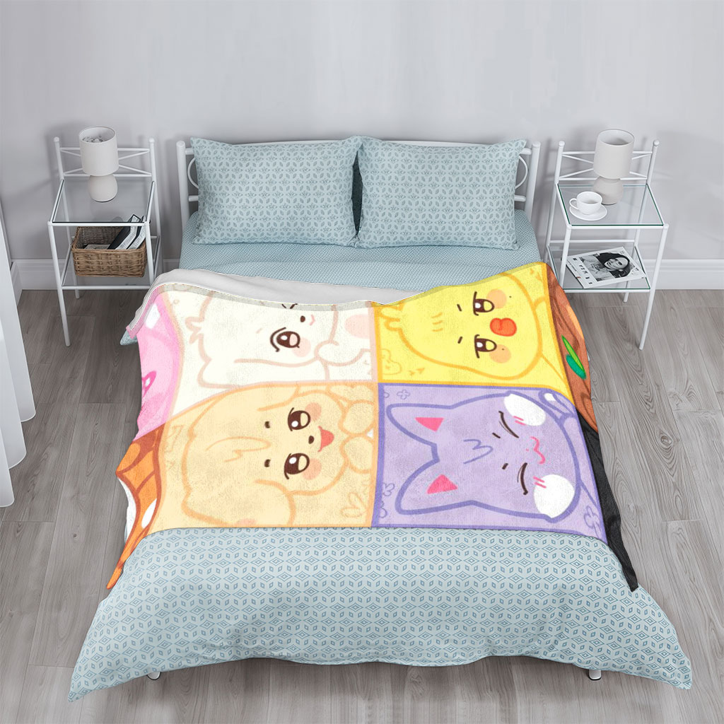 Cute Animal Characters Grid Featuring Kawaii Cartoon Animals in Colorful Squares - Blankets