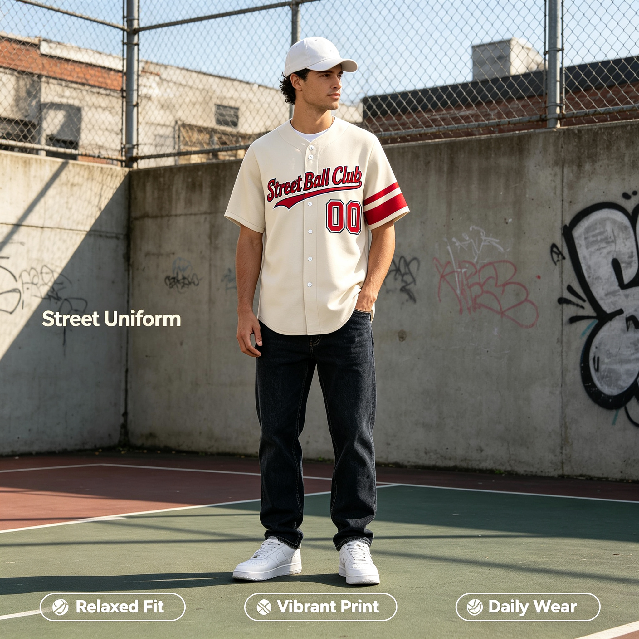 Custom Printed California Retro Beach Style Baseball Jersey Cream Off White Red Button Down Shirt for Men and Women