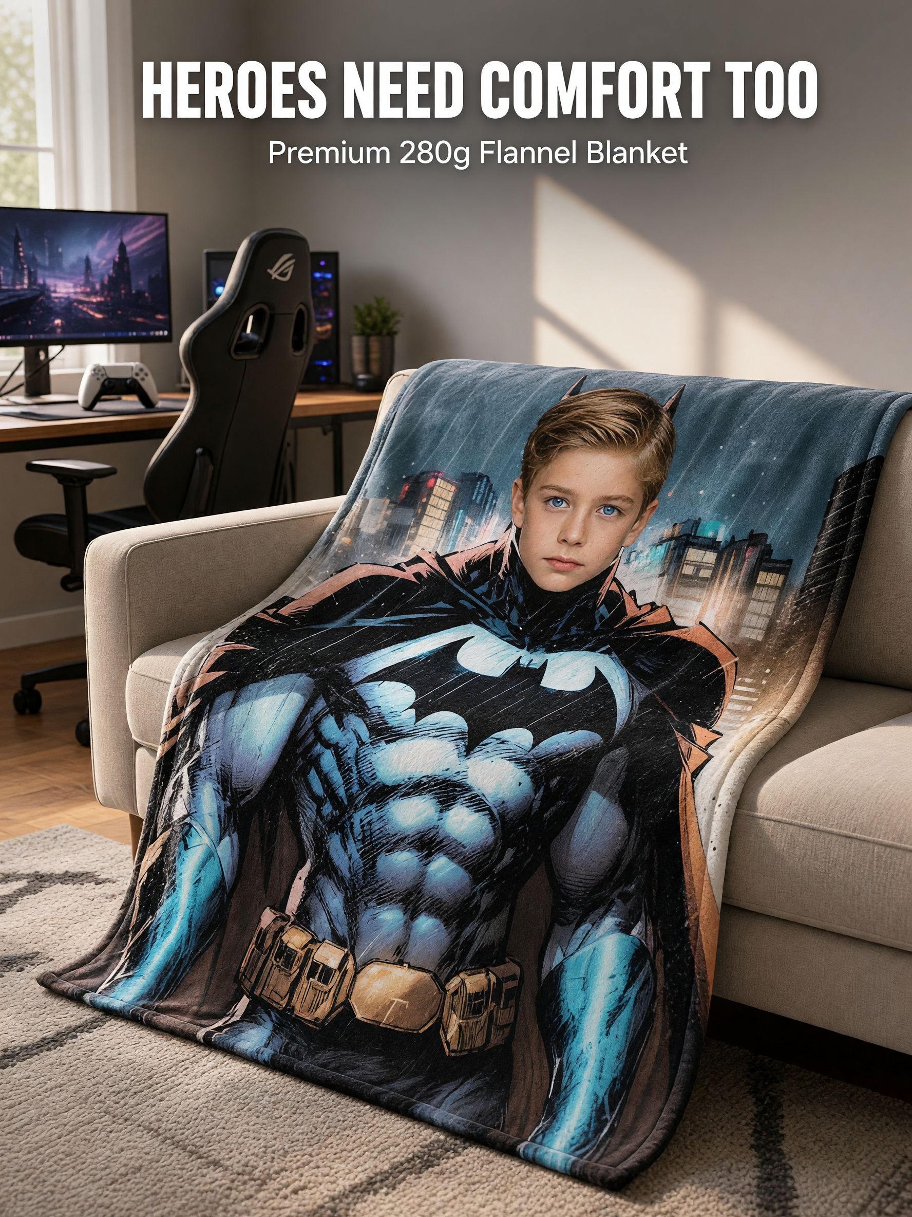 Personalized Superhero Face Blanket Custom Photo Print Soft Flannel Throw Ideal Cozy Keepsake Gift