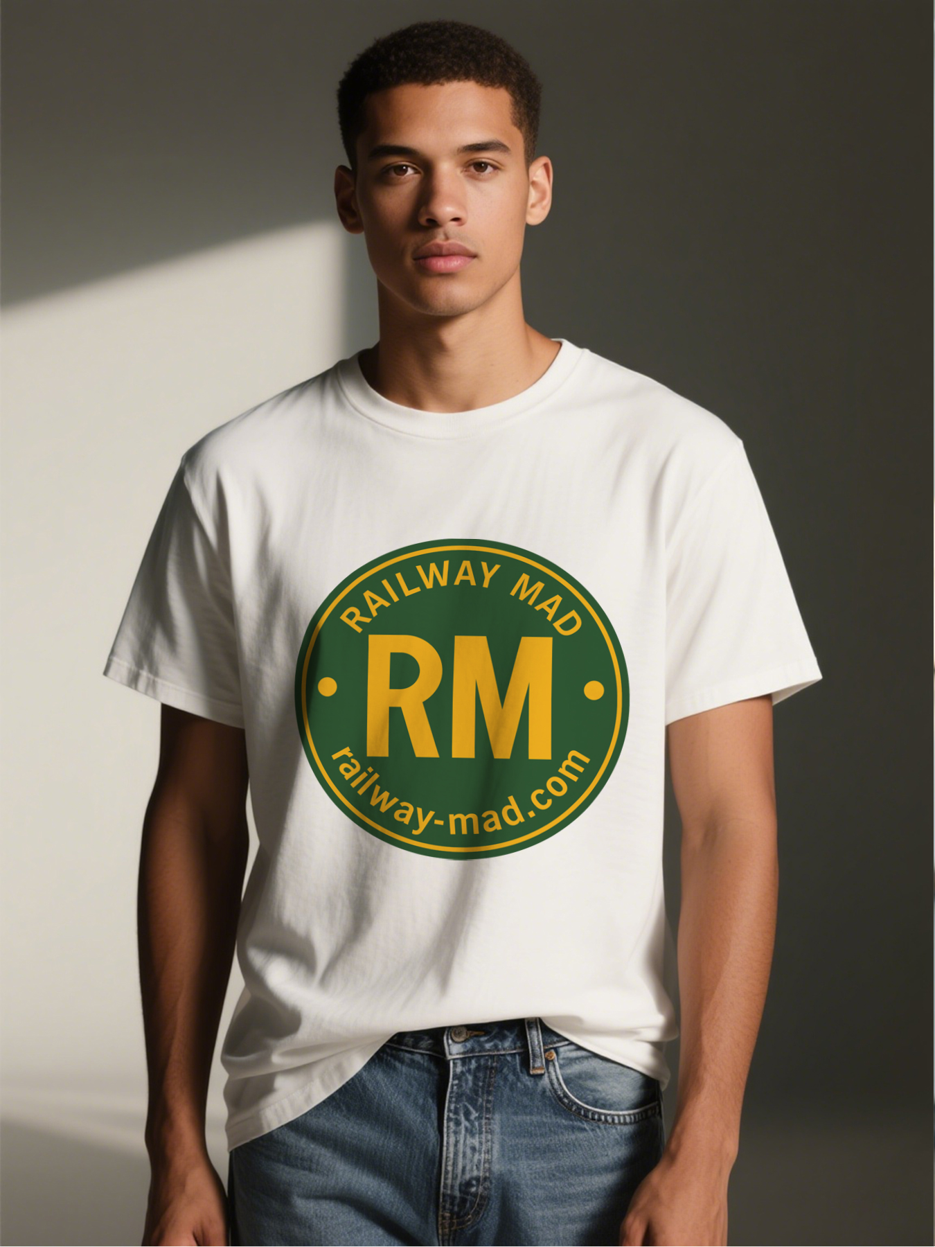 Men's Railway Mad RM Logo Print T-Shirt Casual Round Neck Summer Lightweight Breathable Short Sleeve Tee for Train Enthusiasts and Rail Fans