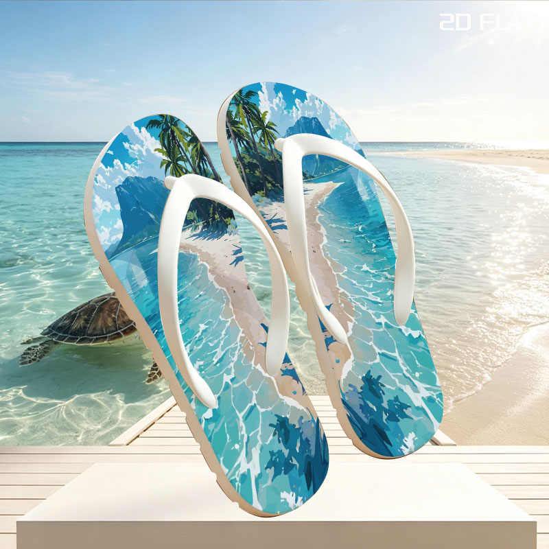Tropical Beach with Crystal Clear Water and Palm Trees -  flip-flops